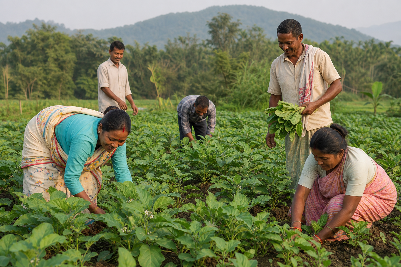 Male and female farmers working together in an organic field